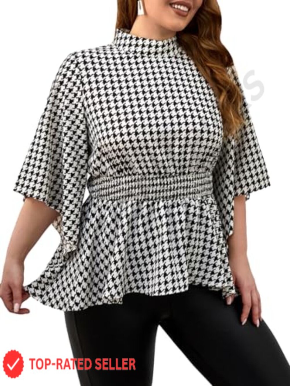 Plus Size Houndstooth Plaid Ruffle Hem High Neck Half Sleeve Blouse Top